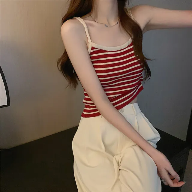 Striped Camisole Inner Outer Wear Purplish Red - Shop at LoveMi