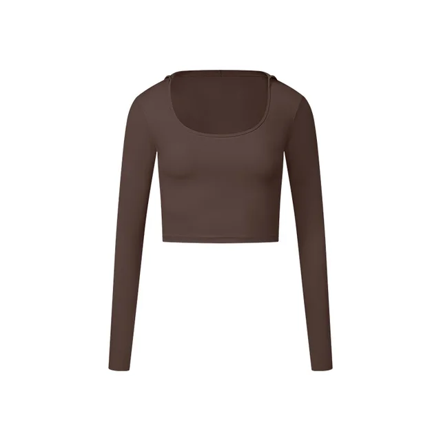 Long Sleeve Nude Feel Fabric Sports Top Brown - Shop at LoveMi