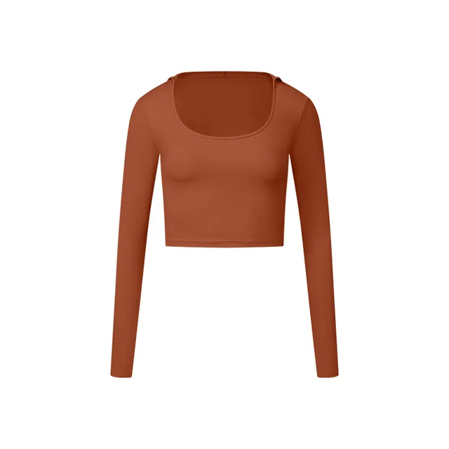 Long Sleeve Nude Feel Fabric Sports Top Dark Orange - Shop at LoveMi
