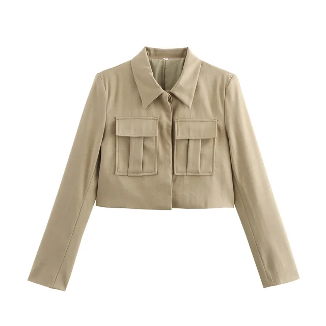 Double Pocket Coat Top Pants Suit Women Khaki Top - Shop at LoveMi
