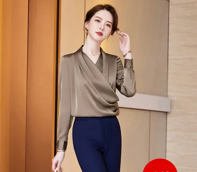Long Sleeve V neck New Acetate All matching Pullover Business Wear Bottoming Shirt For Women Coffee - Shop at LoveMi