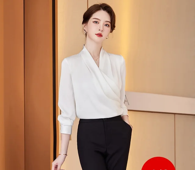 Long Sleeve V neck New Acetate All matching Pullover Business Wear Bottoming Shirt For Women White - Shop at LoveMi