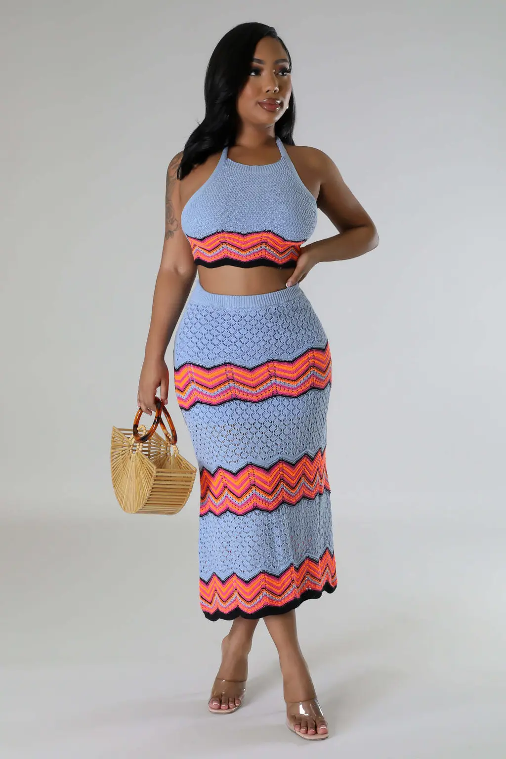 Women's Knitted Sports Casual Skirt Vest Sweater Long-sleeved Suit - Blue