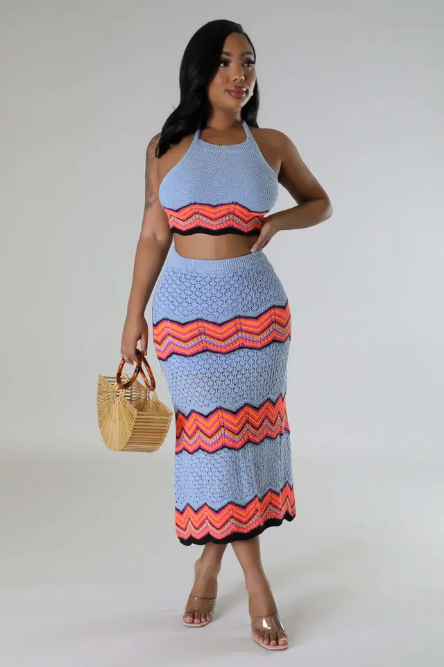 Women's Knitted Sports Casual Skirt Vest Sweater Long sleeved Suit Blue - Shop at LoveMi