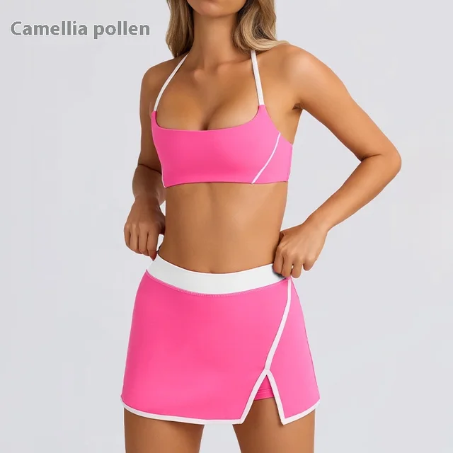 Yoga Underwear Sports And Fitness Running Outdoor Bra And Skirt Suit Camellia Pink - Shop at LoveMi