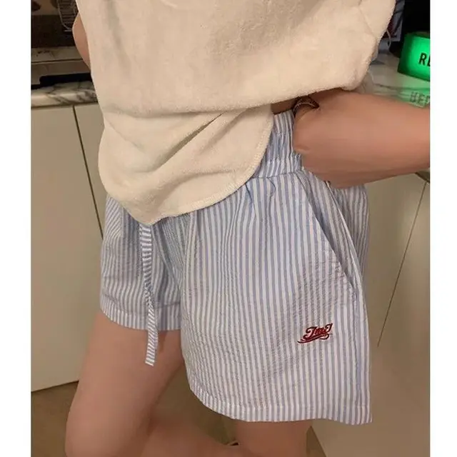 Blue Color With Pinky White Flowers Vertical Striped Hot Pants Women's Wide Leg Shorts Blue Stripe - Shop at LoveMi