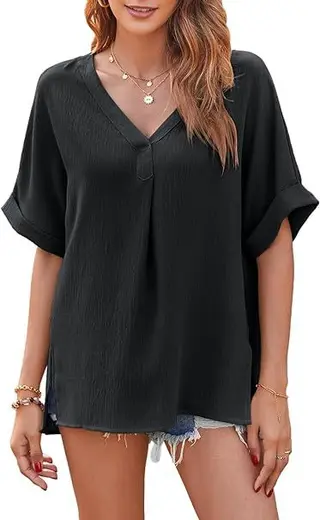 Spring And Summer Solid Color Short Sleeve Loose Blouse - Black