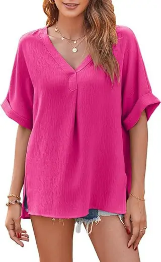 Spring And Summer Solid Color Short Sleeve Loose Blouse - Rose Red