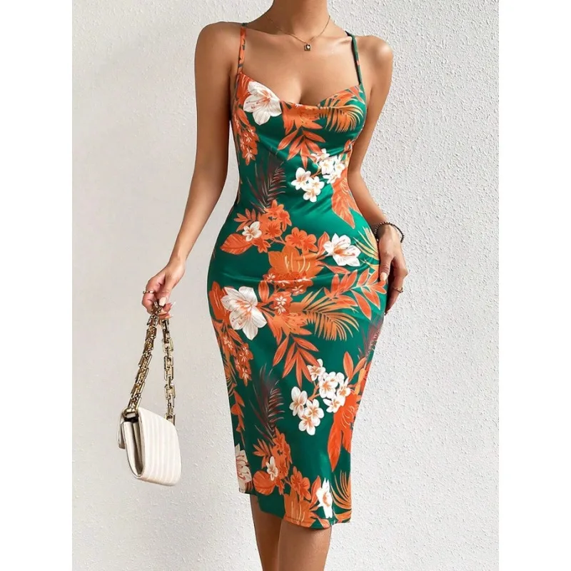 Women's Side Slit Printed Mid-length Sling Dress - Green