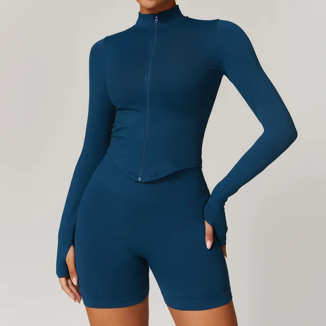 Stand Collar Long sleeve Zipper Yoga Coat For Women Blue - Shop at LoveMi
