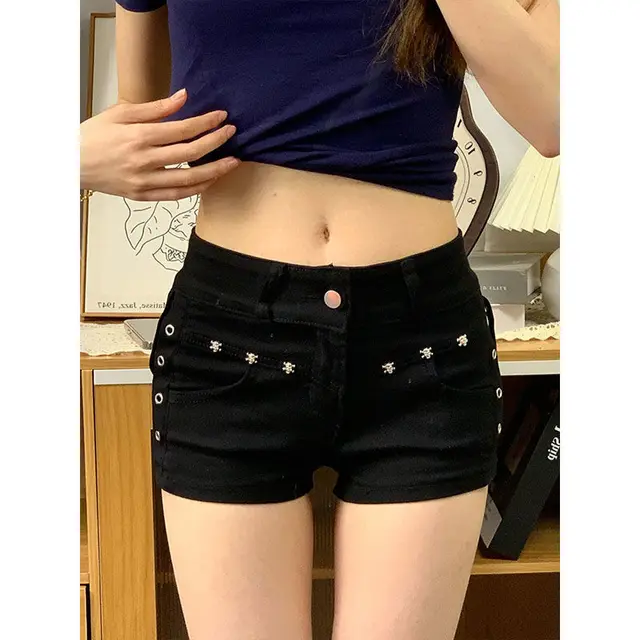 Black Y2g American Rivet Design Low Waist Denim Shorts Super Short Shorts Black - Shop at LoveMi