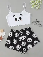 Knitted Vest Camisole Pattern Printing Comfortable Thin Women's Pyjamas Suit - Panda
