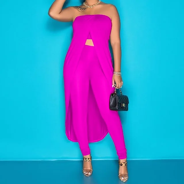 Women's Summer Navel exposed Word Square Shoulder Two Pieces Rain Pants Pink - Shop at LoveMi