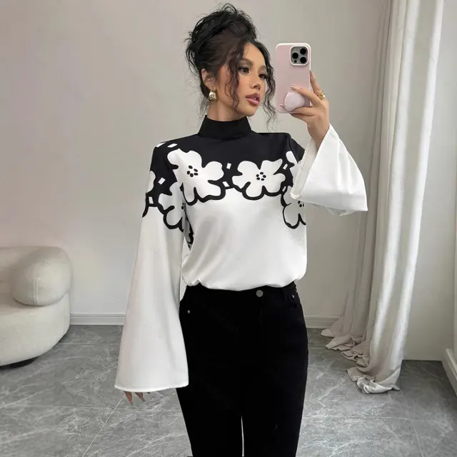 Women's Elegant Commuter Loose Floral Print Long Sleeve Stand Collar Shirt Black And White - Shop at LoveMi