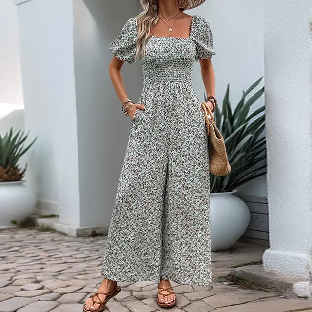 Square Collar Puff Sleeve Vacation Style Floral Jumpsuit Blue - Shop at LoveMi