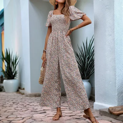 Square Collar Puff Sleeve Vacation Style Floral Jumpsuit Pink - Shop at LoveMi