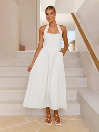 Women's Sleeveless Square Collar Dress Solid Color Dress White - Shop at LoveMi