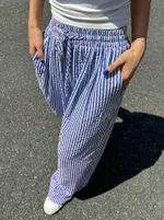 Women's High Waist Loose Casual Striped Straight-leg Pants - Blue