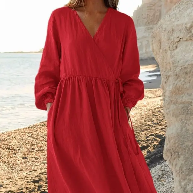 Solid Color Loose Cotton And Linen Dress Red - Shop at LoveMi