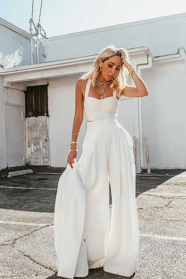 Sexy Spaghetti Straps Chest Wrap Vest Casual Loose Trousers Two piece Set White - Shop at LoveMi