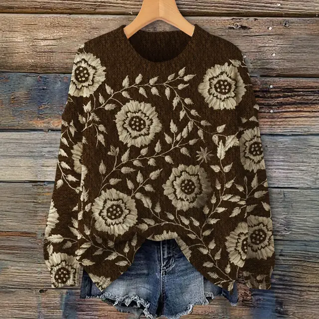 Simple Three dimensional Flower Loose Knitted Round Neck Top - Shop at LoveMi
