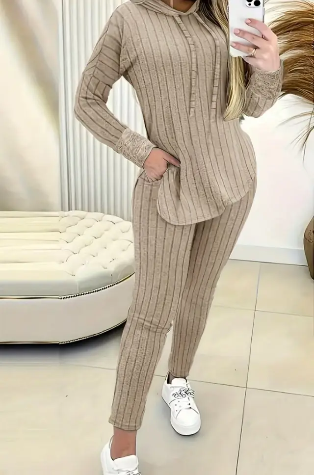 Comfort And Casual Top Long Coat Casual Suit 2 piece Set Apricot - Shop at LoveMi