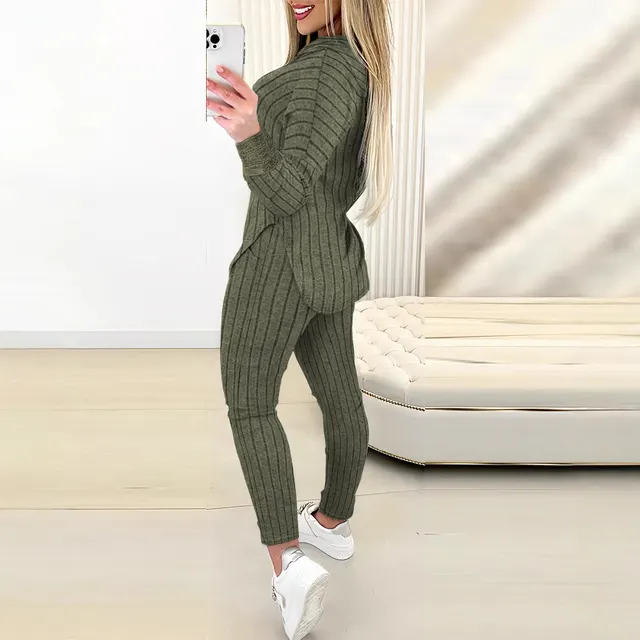 Comfort And Casual Top Long Coat Casual Suit 2 piece Set Army Green - Shop at LoveMi