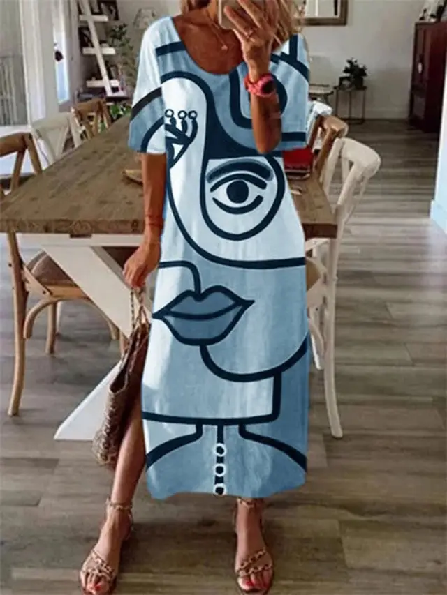 Women's Casual Short sleeved Printed Loose Stitching Extra Long Dress Lyq081000000 - Shop at LoveMi