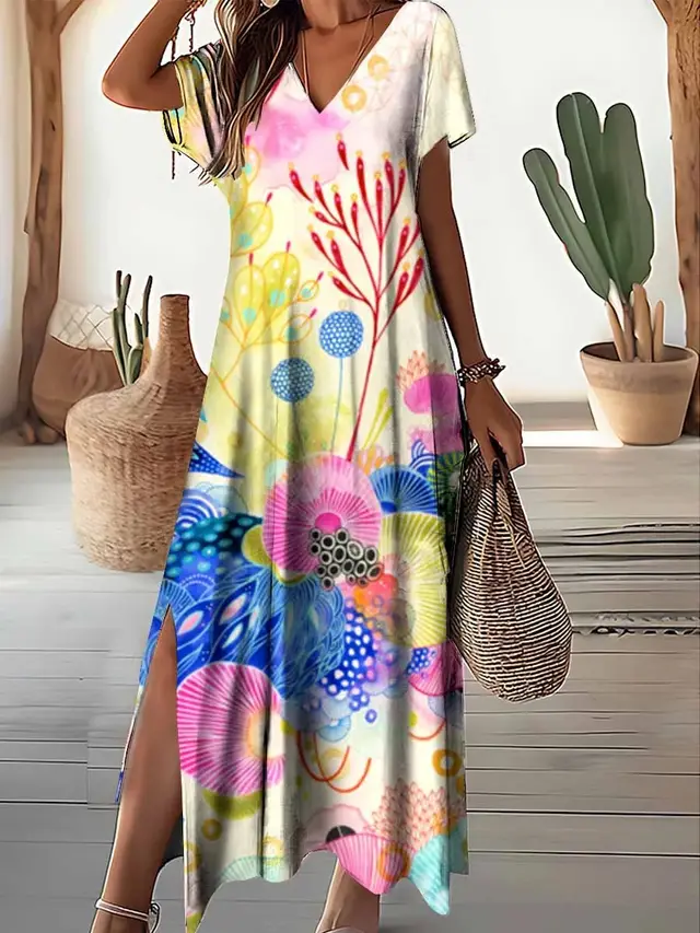 Women's Casual Short sleeved Printed Loose Stitching Extra Long Dress Lyq14H2406201545 - Shop at LoveMi