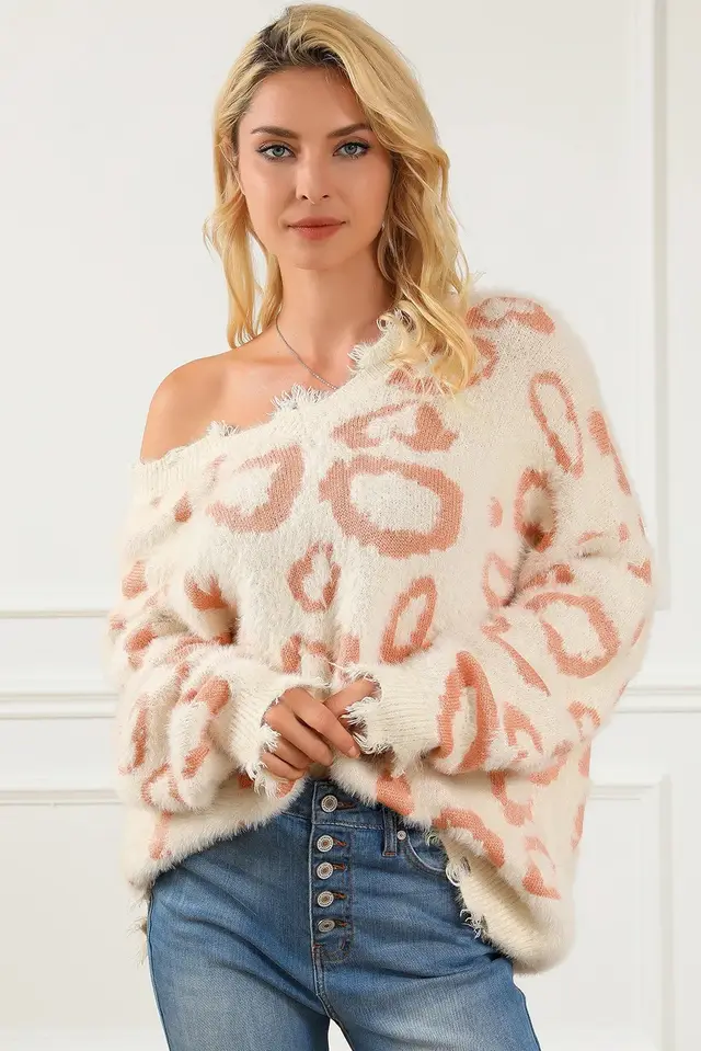 Leopard Animal Print Distressed Trim Fuzzy Sweater Leopard - Shop at LoveMi