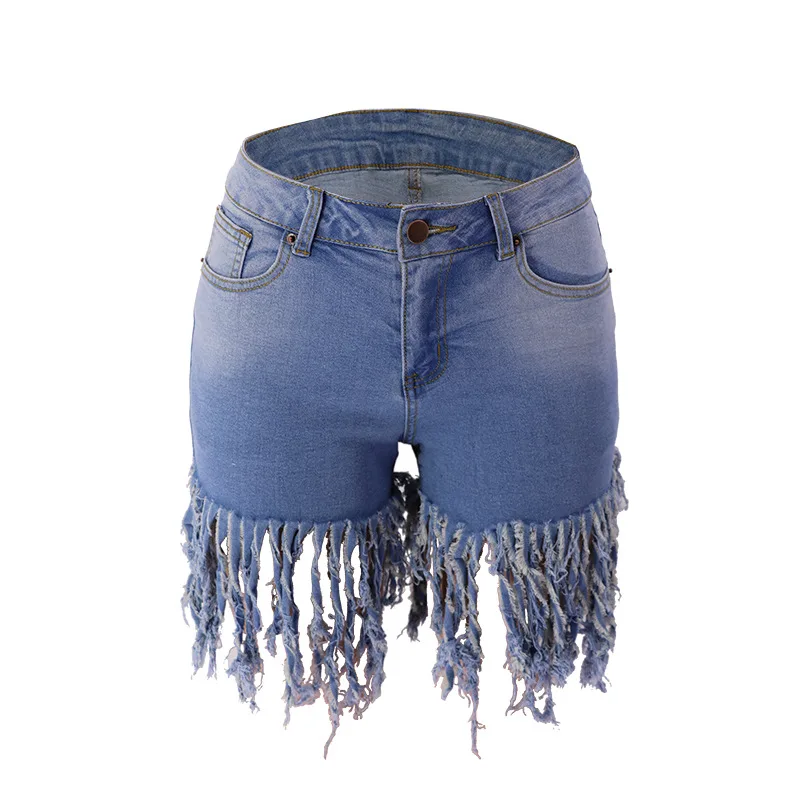European And American Fashion Tassel Denim Shorts For Women - Light Blue - View 1