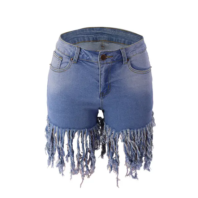 European And American Fashion Tassel Denim Shorts For Women Light Blue - Shop at LoveMi