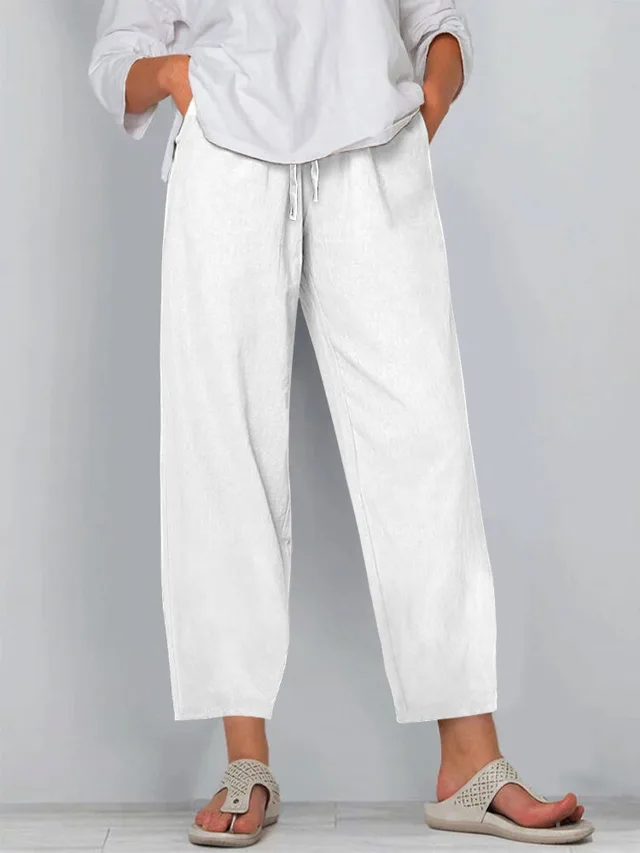 Elastic Waist Solid Color Cotton And Linen Wide Leg Casual Trousers White - Shop at LoveMi