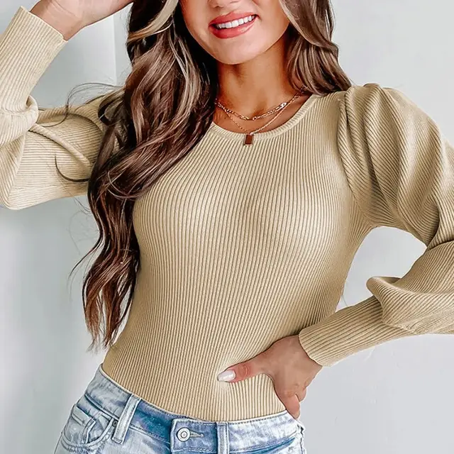 Apricot Ribbed Balloon Sleeve Bodysuit Apricot - Shop at LoveMi