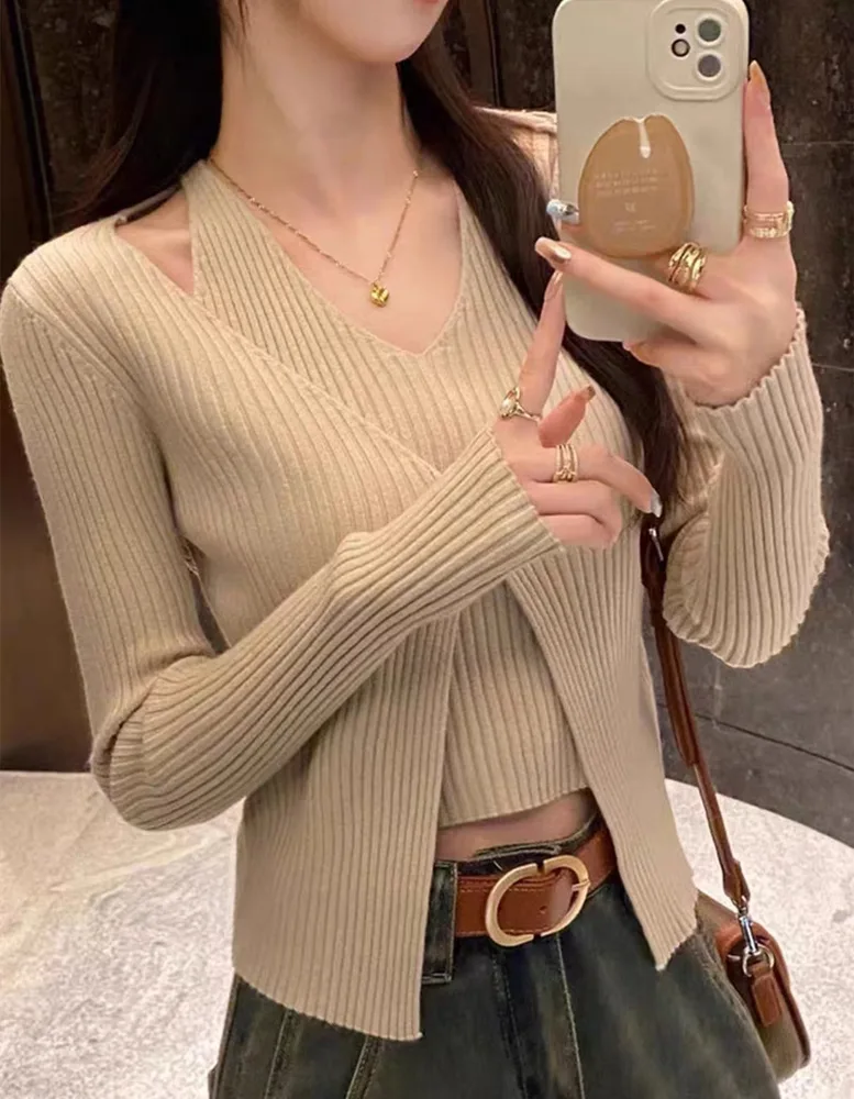 Women's Fake Two piece Sunken Stripe Long sleeved Sweater Khaki - Shop at LoveMi