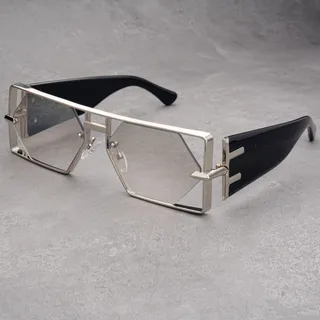 Hollow Big Square Rim Sunglasses Fashion Hip Hop - Gold Frame Progressive White