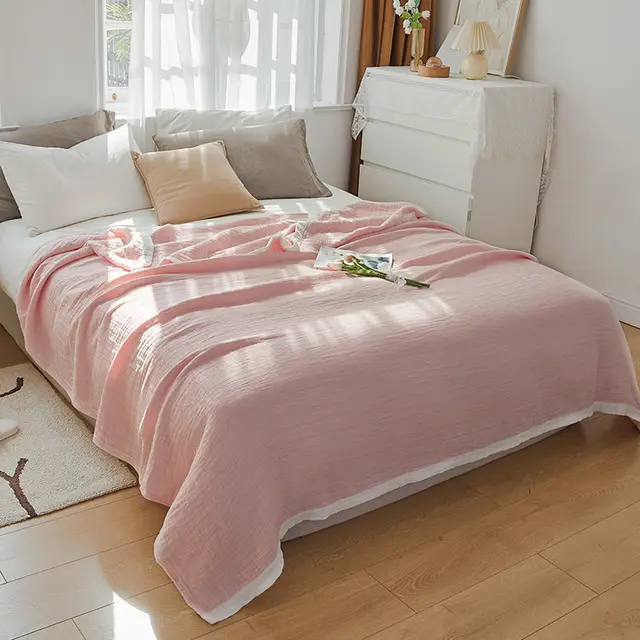 Four layer Pure Cotton Plain Towel Blanket Pink With Edge Plain Color - Shop at LoveMi