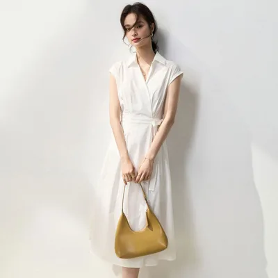 Symmetrical Pleated Vertical Cut Cinched Tie Slim fit Cotton Shirt Dress White - Shop at LoveMi