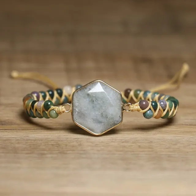 Retro Ethnic Style Natural Stone Hand Weaving Bracelet Silver Gray - Shop at LoveMi