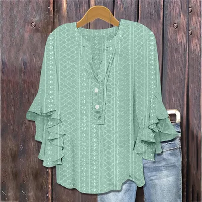 Printed Casual Trend V neck Flounce Sleeve T shirt Green - Shop at LoveMi