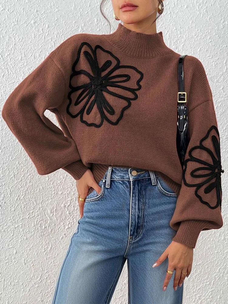 Women's Three-dimensional Ribbon Embroidery Flower Mock Neck Sweater - Coffee