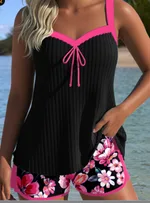Shorts Sleeveless Printed Suit Beach Swimsuit - Rose Red