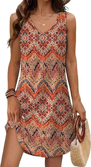 European And American Women's Clothing Summer Loose Casual V neck Flower Dress Orange - Shop at LoveMi