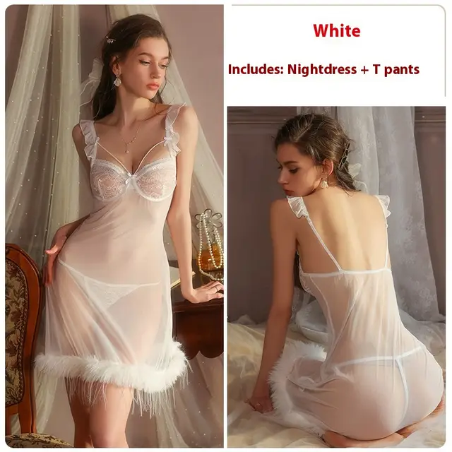 Plus Size Pure Desire Sheer Mesh Cute Flounced Sleeve Deep V Plus Steel Ring Night Skirt Suit White - Shop at LoveMi