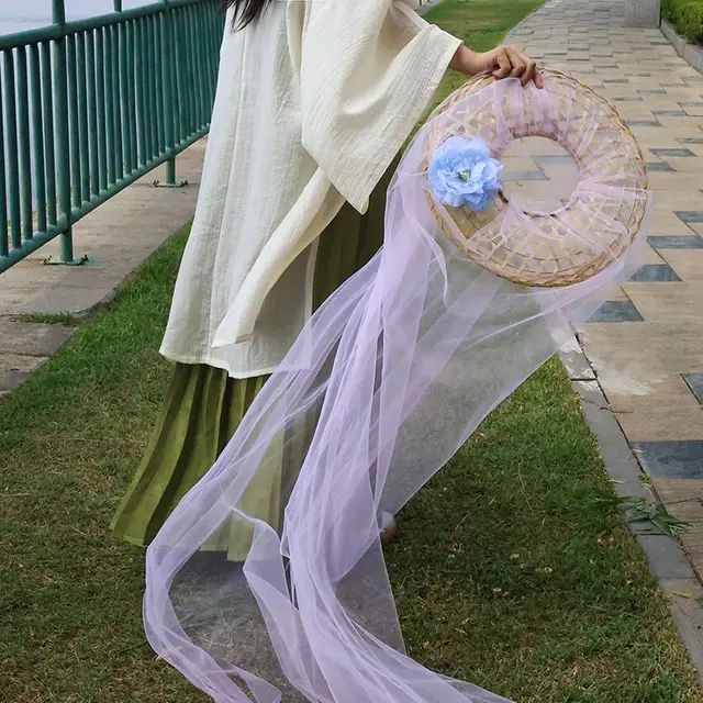 Hanfu Hat Bamboo Hat Tassel Crystal Curtain Chivalrous Woman Bamboo Hat Veil Silk Yarn Hat Pink - Shop at LoveMi