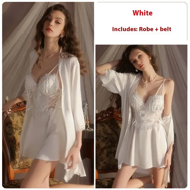 Deep V neck Backless Sexy Chest Pad Nightdress Outerwear Gown Homewear Suit 3957 White Suit - Shop at LoveMi