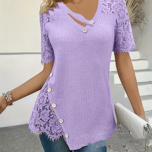 Knitted Lace Embroidered Lace Solid Color Short Sleeve Dark Violet - Shop at LoveMi