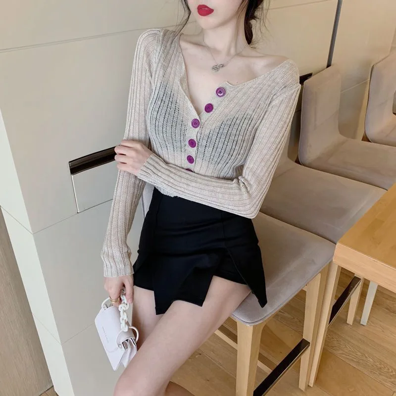 Sneaky Design Navel Short Design Temperament Slim Thin New Long Sleeve - Apricot - View 1