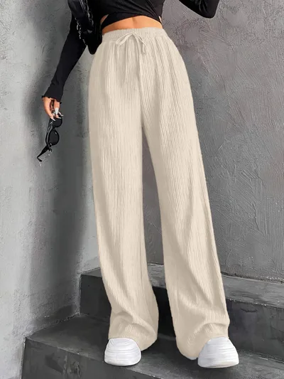 New Women's Elastic Waist Pinstripe Road Straight Wide Leg Beige - Shop at LoveMi