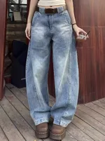 American Retro Loose Straight Machete Jeans - Blue